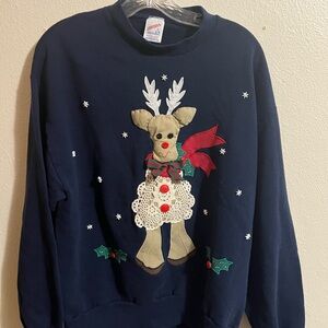 Vintage grannycore Jerzees reindeer Navy‎ Sweatshirt size large USA